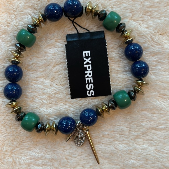EXPRESS Blue / Green / Black /Gold Beaded Stretch Bracelet with miniature charms - Picture 2 of 5